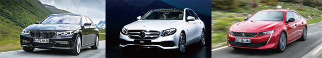 왼쪽부터 BMW 740e 아이퍼포먼스, 벤츠 E300e, 푸조 508.