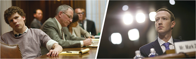 영화 ‘소셜 네트워크’에서 아이디어 도용문제로 법정 공방을 벌이는 장면(왼쪽)과 마크 저커버그 CEO가 지난 4월 10일(현지시각) 미 의회 청문회에 출석한 모습. 사진 소니픽쳐스, 블룸버그