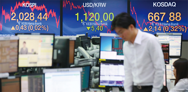 지난해 초 2479.65로 시작한 코스피는 한국 경제와 기업실적에 대한 우려가 커지면서 전년보다 17.3% 하락한 2041.04로 지난해 증시를 마감했다. 사진 연합뉴스
