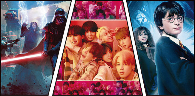 대표적 세계관으로는‘스타워즈 세계관’ ‘BTS 세계관’ ‘해리포터 세계관' 등이 있다. 사진 스타워즈 홈페이지, 빅히트엔터테인먼트, 라쿠텐TV