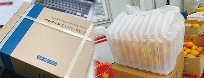 예쁘게 디자인된 종이 박스. 특수 소재와 공기층을 이용한 배송용 냉장 용기. 사진 아일랜드박스