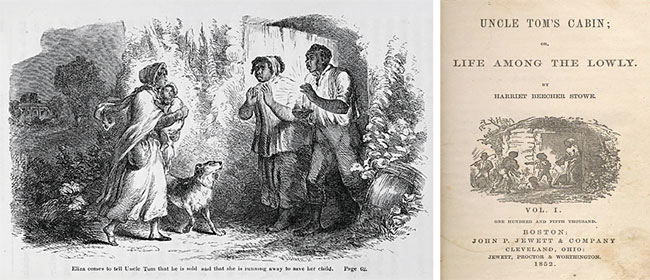 1852년 출간된 소설 ‘톰 아저씨의 오두막’ 삽화와 표지. 이 책은 흑인 노예들의 비극적 삶에 공감하게 함으로써 노예제 폐지에 크게 기여했다는 평가를 받는다.
