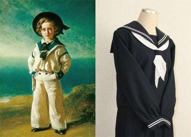 에드워드 7세의 왕자 시절 초상화. 최초로 그림으로 기록된 아동복 스타일 세일러복이다.(왼쪽) 세일러복 스타일의 일본 여학생 교복. 여성 패션으로도 많이 사용되고 있다.(오른쪽)