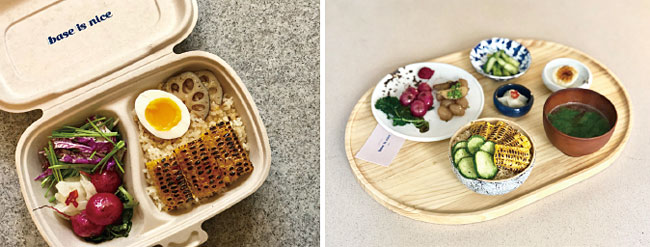 ‘베이스 이즈 나이스’의 채소밥 도시락(왼쪽)과 한상 차림. 사진 장진아