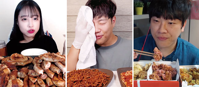 왼쪽부터 유튜버 ‘쯔양’의 ‘소곱창, 소막창, 소대창, 특양 23인분 4.2㎏+크림빵 먹방’ 영상, 실비김치를 먹다 땀을 닦는 유튜버 ‘HONG SOUND’, 멕시카나에서 출시한 ‘후르츠 치킨’을 먹고 있는 유튜버 ‘SOF’. 사진 유튜브 캡처