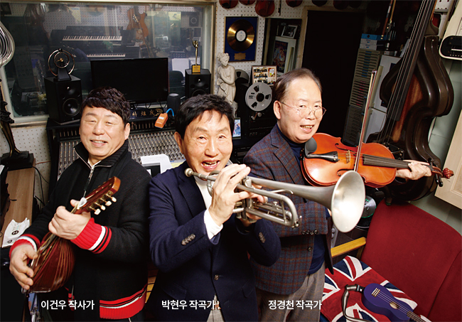 이건우 작사가 한국음악저작권협회 이사, 현 남예종예술실용전문학교 실용음악학부 학부장 / 박현우 작곡가 현 한국음악저작권협회 이사 / 정경천 작곡가 한국음악저작권협회 부회장 / 2월 10일 서울 창신동에 있는 박현우 작곡가 사무실. 왼쪽부터 이건우 작사가, 박현우 작곡가, 정경천 작곡가. 참고로 정 작곡가는 이날 바이올린을 처음 잡았다. 박 작곡가와 정 작곡가는 사진을 찍으면서도 “기대지 마”라면서 투닥거렸다. 사진 김소희 기자