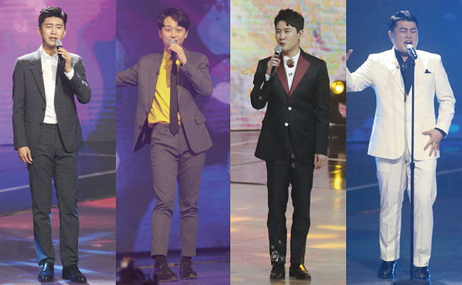 ‘미스터트롯’ 무대장면, 왼쪽부터 임영웅, 이찬원, 영탁, 김호중. 사진 TV조선