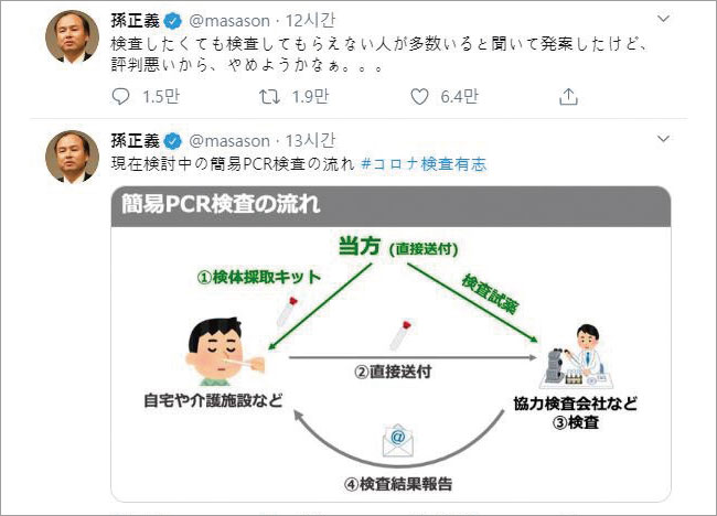 손정의 소프트뱅크 그룹 회장이 3월 11일 100만 명분의 코로나19 검사 키트를 무료로 제공하겠다고 밝혔다가 비난 여론에 철회했다. 사진 연합뉴스