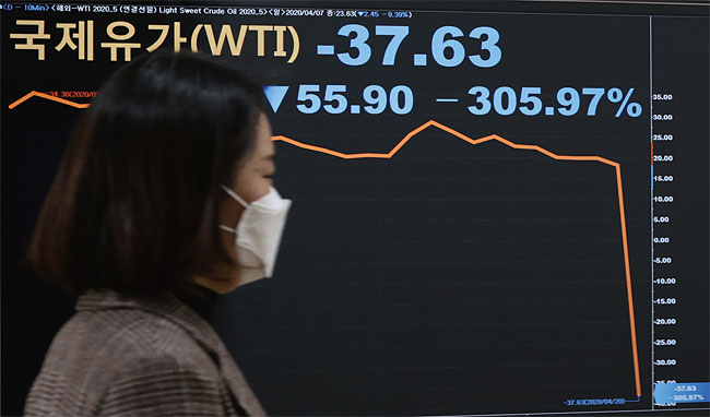 코로나19 확산 여파로 원유 수요가 급감한 데다 원유 시장 선물 만기가 겹치면서 4월 20일(현지시각) 국제 유가가 사상 처음으로 마이너스를 기록했다. 사진 연합뉴스