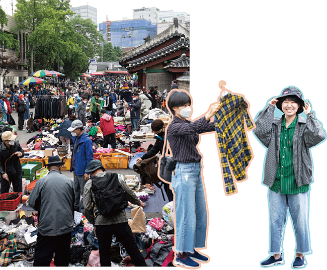 5월 10일 오후 4시 서울시 숭인동 동묘 구제시장 거리에서 시민들이 수북이 쌓인 헌옷을 구경하고 있다. 사진 김흥구 객원기자