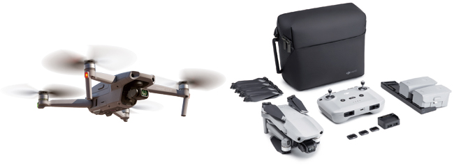 (왼쪽) DJI 매빅 에어2가 비행하는 모습. 사진 DJI / (오른쪽) DJI 매빅 에어2. 사진은 배터리 3개와 가방이 포함된 플라이모어 콤보. 사진 DJI