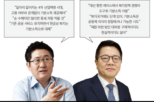 (왼쪽부터) 금민 기본소득한국네트워크 이사 괴팅겐게오르크아우구스트대 박사 수료, 전국노동자회 수석자문위원, 한국사회당 대표, 사회대안포럼 운영위원회 위원장 / 김용하 순천향대 IT금융경영학과 교수 성균관대 경제학 박사, 보건복지부 국민연금개혁위원회 공동위원장, 한국보건 사회연구원 원장, 한국사회보장학회 회장