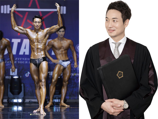(왼쪽) 부(副)캐릭터 6월 20일 피트니스스타 강릉 대회 무대에 선 신성욱 판사. 사진 신성욱 / (오른쪽) 본(本)캐릭터 본캐로서 법복을 입은 신성욱 판사. 사진 신성욱