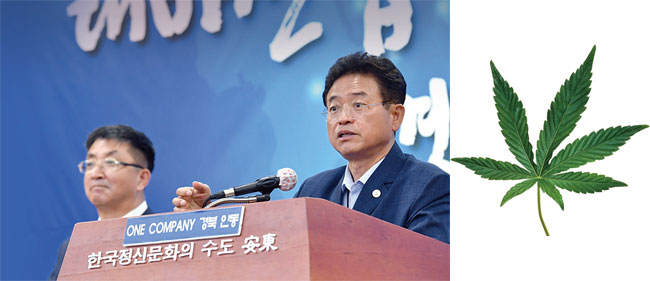 이철우(오른쪽) 경북도지사가 7월 7일 안동시청에서 열린 ‘산업용 헴프 규제자유특구’ 지정 관련 기자간담회에서 발언하고 있다. 사진 경상북도