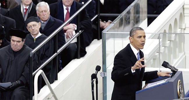 버락 오바마 전 미국 대통령이 2013년 대통령 2기 취임식에서 연설하고 있다. 사진 블룸버그