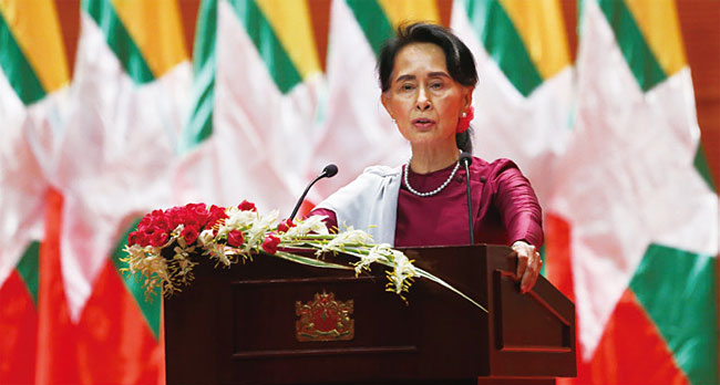 아웅산 수지 미얀마 국가고문. 사진 AFP연합