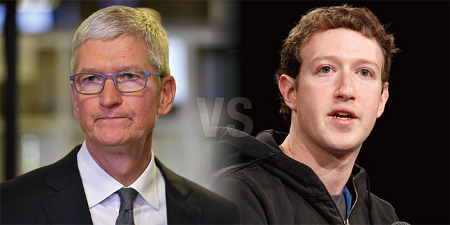 애플의 팀 쿡(왼쪽)과 페이스북의 마크 저커버그가 표적 광고 문제를 두고 설전을 벌이고 있다. 사진 AP연합