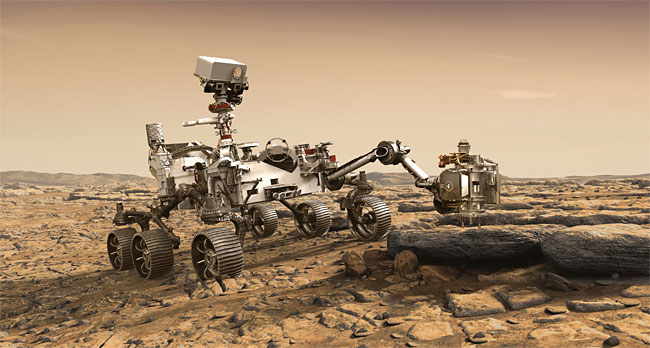 ‘퍼시비어런스’가 화성의 암석 표본을 채취하는 상상도. 사진 AP연합