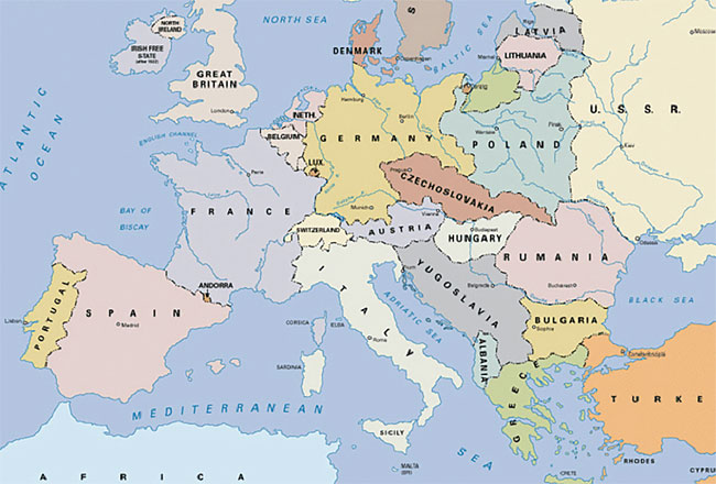 1919년 유럽 지도. 핀란드, 발트3국, 폴란드, 체코슬로바키아, 헝가리, 유고슬라비아는 제1차 세계대전 후 탄생한 신생국이다. 다만 유고슬라비아는 승전국인 세르비아가 주변 민족들을 복속시켜 만든 나라다. 사진 위키피디아