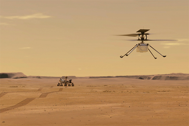 미국 항공우주국(NASA)의 초소형 무인 헬리콥터 ‘인저뉴어티’가 화성에서 날아오르는 상상도. 좌측 상단의 작은 사진은 인저뉴어티가 4월 19일 실제 비행 중 찍은 화성 표면과 인저뉴어티 그림자. 사진 AFP연합·NASA