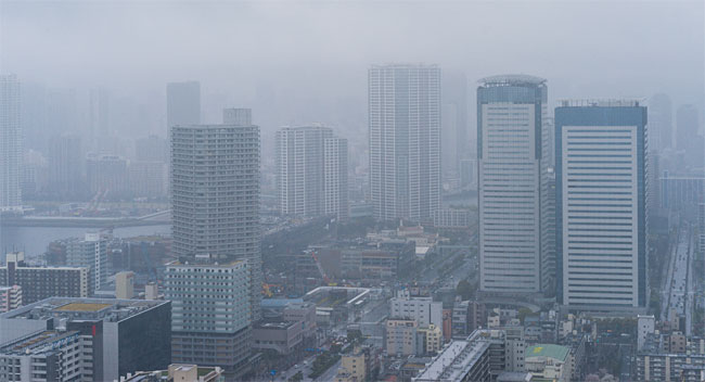 일본은 보수적인 조직 문화와 혁신적인 벤처 기업의 부재로 글로벌 대형 성장 산업을 주도하는 기업을 배출하지 못하고 있다. 안개 낀 도쿄 도심 전경.