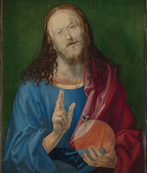 기독교 도상학(christian iconography)에서 예수 그리스도의 세 손가락은 ‘축복’을 상징한다. 예수의 손가락 세 개는 성부, 성자, 성령의 삼위일체를 나타내고, 나머지 두 손가락은 하나님의 아들로서 인간의 몸을 빌려 지상에 내려온 예수의 인성(人性)과 신성(神性)을 상징한다. 사진은 알브레트히트 뒤러의 ‘구세주’. 사진 미국 메트로폴리탄 미술관
