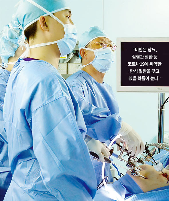 김용진(오른쪽) 양지병원 비만당뇨수술 센터장이 수술을 하고 있다. 사진 H+ 양지병원