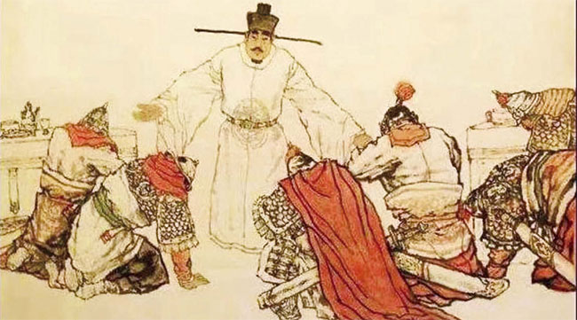송태조 조광윤은 무장들의 도움으로 정권을 잡았으나, 나라의 안정과 발전을 위해 그들의 병권을 모두 박탈했다. 사진은 이 같은 내용의 ‘배주석병권’ 고사를 묘사한 중국 역사 삽화. 현 정권은 좌파 세력에 힘입어 정권 창출을 했다고 하여 시종 운동권과 좌파 인사들만 요직에 등용, 나라가 온통 좌파 일색이 됐다. 사진 바이두