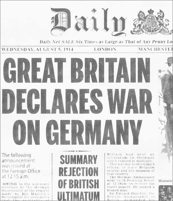 1914년 8월 5일 영국 신문 데일리메일에는 영국이 독일에 전쟁을 선포했다는 기사가 실렸다.