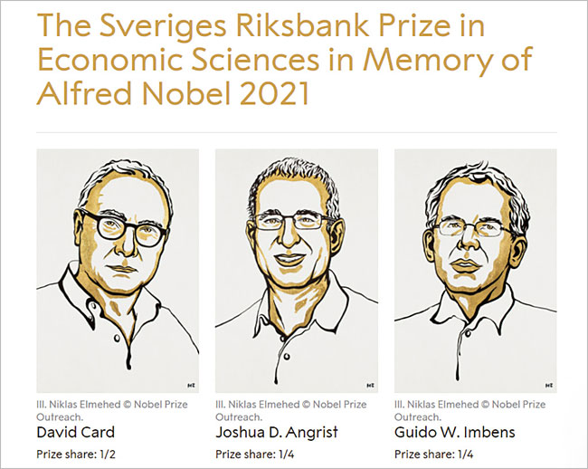 왼쪽부터 데이비드 카드 UC 버클리 교수, 조슈아 앵그리스트 MIT 교수, 휘도 임번스 스탠퍼드대 교수가 2021년 노벨경제학상을 받았다. 스웨덴 왕립과학원 노벨위원회