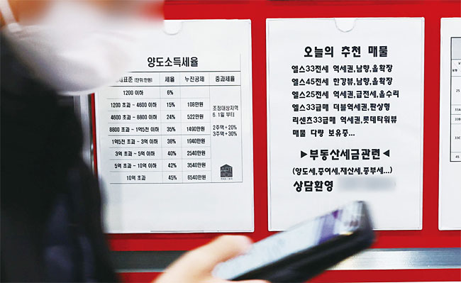 11월 21일 오후 서울 송파구의 한 부동산중개업소에 양도세, 종부세 등 부동산 세금 관련 상담 안내문이 붙어있다. 사진 연합뉴스