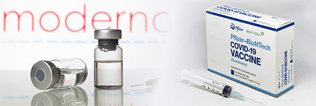 오미크론을 상대로 한 기존 코로나19 백신 효능에 관해 글로벌 백신 제조사인 모더나(왼쪽)와 바이오엔테크(오른쪽) 간 의견이 갈리고 있다. 사진 셔터스톡