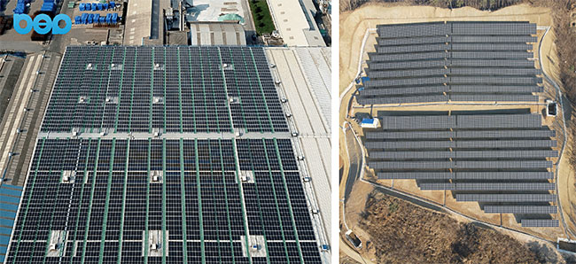 BEP가 전라북도 군산시에서 운영 중인 루프톱 태양광발전소(왼쪽)와 안성 태양광발전소. BEP