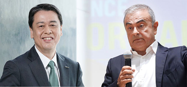 우치다 마코토(왼쪽) 닛산자동차 CEO와 카를로스 곤 전 닛산자동차 CEO. 사진 닛산자동차·블룸버그