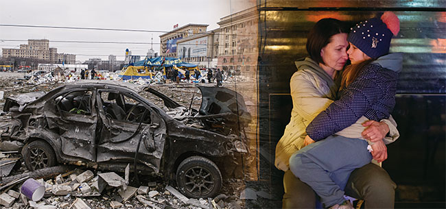 3월 1일(이하 현지시각) 우크라이나 하르키우 시청사 건물 앞에 폭격을 맞은 자동차와 건물 잔해가 뒹굴고 있다(왼쪽 사진). 2월 24일 러시아의 공격이 시작된 우크라이나 크이우의 대피소에서 딸을 안고 근심어린 표정을 짓고 있는 여성. 사진 AP연합