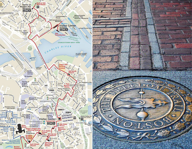 미국 보스턴 프리덤 트레일(왼쪽·붉은색 실선)과 실제 거리(오른쪽). 사진 프리덤 트레일 재단