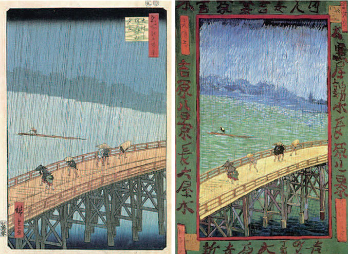 우타가와히로시게(歌川広重)의‘오하시아타케의소나기’와빈센트 반 고흐가 이를 모사한‘빗속의 다리’.야후재팬
