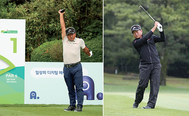 6월 5일 한국프로골프(KPGA) 코리안투어 SK텔레콤 오픈 4라운드 1번홀 티샷을 앞두고 몸을 푸는 모습(왼쪽)과 아이언 샷을 하는 최경주. KPGA