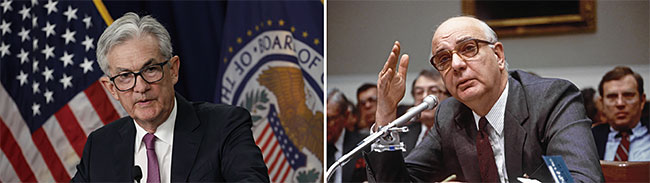 제롬 파월(왼쪽) 미국 연방준비제도(Fed·연준) 의장과 ‘인플레이션 파이터’로 불렸던 폴 볼커 전 연준 의장. 블룸버그·셔터스톡