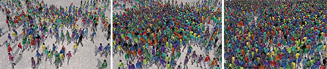 군중 행동 예측에는 컴퓨터 시뮬레이션이 많이 쓰인다. 그림은 왼쪽부터 초당 40명, 80명, 120명이 네 방향으로 오가는 모습이다. 사진 미 노스캐롤라이나대