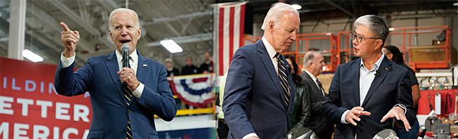 왼쪽부터 조 바이든 미국 대통령이 11월 29일 미시간주의 SK실트론CSS 공장을 방문해 연설하고 있다. SK실트론CSS 공장 내부를 돌아보며 지안웨이 동(오른쪽) SK실트론CSS 대표이사로부터 설명을 듣는 바이든 대통령. 사진 AP연합