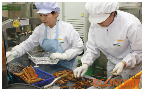 - 작업자들이 건조된 홍삼을 다듬고 있다.
