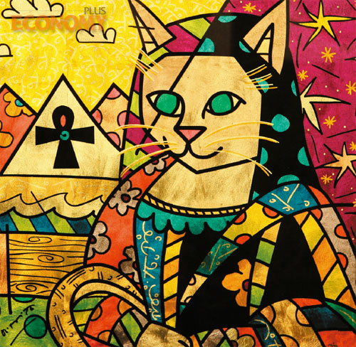 - 1963년 브라질 출생의 팝 아티스트 로메로 브리토(Romero Britto)의 작품 이집트 방문(Egypt visit)이다. 46×46