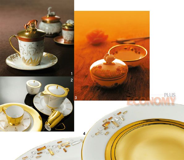 1. 프라우나 클래식(Prouna Classic)의 레토(Leto). 아름답게 조각되어 있는 사슴 모티브가 돋보인다.  2. 프라우나 주얼리(Prouna Jewelry)의 아도니스(Adonis). 여신 아프로디테의 사랑을 받은 신화에 나오는 미소년 아도니스의 이야기에서 영감을 받아 제작된 디자인이다.  3. 프라우나 클래식(Prouna Classic)의 아르망(Arman). 국화를 현대적이고 고급스럽게 프라우나만의 스타일로 그린 디자인이다.  4. 프라우나 주얼리(Prouna Jewelry)의 다이애나(Diana). 달의 여신 다이애나에서 따온 이름으로 본차이나 컵 전체에 24K 골드로 핸드페인팅 했다.