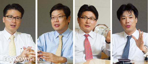 장지수 MCS본부장과의 인터뷰에 함께한 MCS본부 핵심 임원들. 박용수 상무, 최재호 상무, 송광우 상무, 이인석 상무(왼쪽부터).