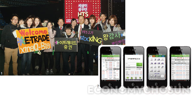 1. 모의투자 참가 및 소셜네트워크서비스(SNS)를 통한 온라인 활동 등을 벌인 대학생 서포터즈와 함께 한 남삼현 대표(오른쪽에서 다섯번째)2. 지난해 4월 선보인 MTS서비스 씽큐스마트2.