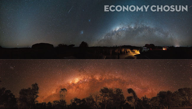 지난 7월21일부터 8월6일까지 한국아마추어천문학회 회원 14명이 호주서부 및 중부내륙을 탐사했다. 사진은 울룰루-카타추타 국립공원에서 촬영한 사진으로 황도광(Zodiacal Light), 게겐샤인(Gegenshein), 은하수 등이 모두 나타난 270도 파노라마다. (위 / 사진: 조영우) 서호주 사막 한가운데에 위치한 로드하우스에서 촬영한 것으로 사진 6장을 파노라마로 합성한 것이다. 은하수 사이로 떨어지는 유성이 은하수의 우측 상단에서 관측되는데, 이 은하수를 촬영하는 동안 수많은 유성들이 떨어졌다. 맑고 어두운 하늘에서 떨어지는 유성은 천정에서 지평선까지 꼬리를 긋기도 했다. (아래)