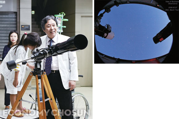 강원 화천 ‘별만세관측소’에 설치된 신범영씨의 원격천문대. 이곳에 설치된 반사망원경의 모습이다(오른쪽). 정태섭씨가 강남세브란스병원 로비에서 작은 별 관측 행사를 열었다. 소아환자들에겐 신기하고 즐거운 경험이다.