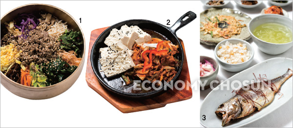 1. 전남 영광 법성포에서 올라온 보리굴비는 둥굴레차, 녹차물에 말은 밥과 함께 먹어야 맛있다. 2. 손두부로 만든 두부정식, 돼지고기 제육볶음과 맛이 잘 어울린다. 3. 북촌마님의 비빔밥은 밀양식이다. 간장을 사용해 비비는데, 재료 본연의 맛이 잘 살아나 있다.