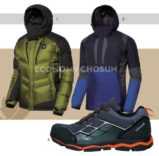 1. 프레시히트 헬리오스2 헤비다운 2. LXT 하이드로 테크 방수 재킷 3. 듀오 프로텍 워킹화
